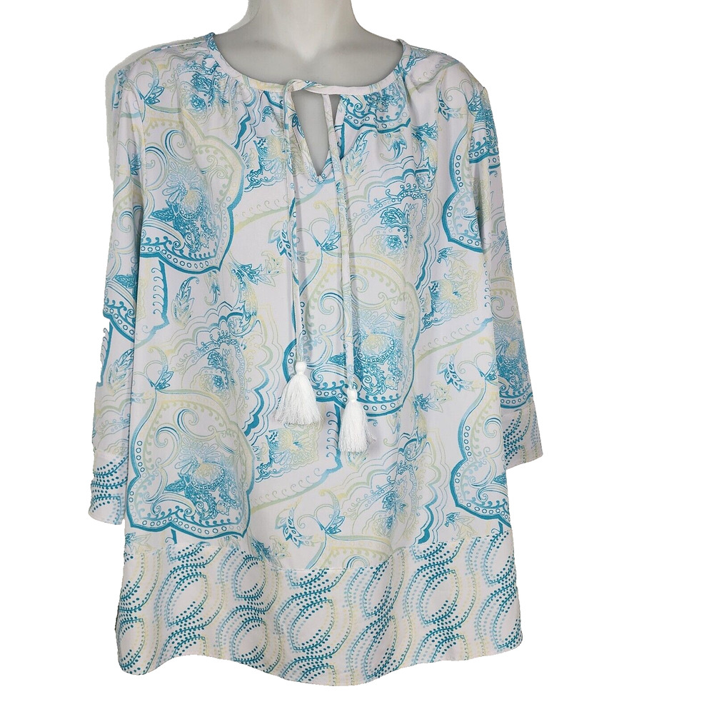 Chico's Tunic Top Womens Size 2 Large Aligers Paisley Cut Away Alabaster Tassels